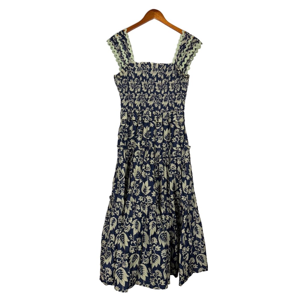 Sea New York Navy Green Floral Linda Smocked Tiered Cotton Midi Dress Size M